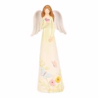 Figurka anioła z kwiatem dekoracyjnym, żółta, 9 x 6 x 21, polyresin, żółty